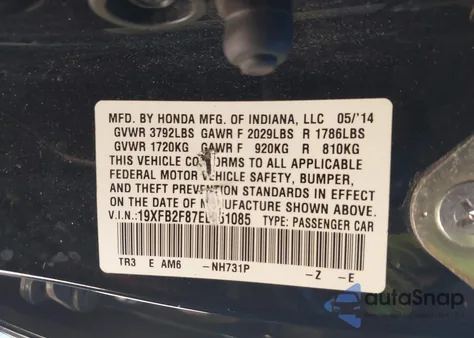 2014 Honda Civic Ex from USA, damaged, VIN 19XFB2F87EE051085
